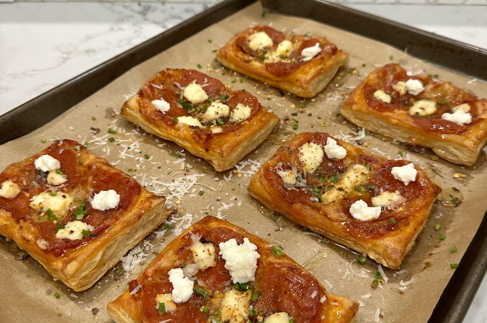 Pepperoni Puff Pastry Pizza (w/ Ricotta and Hot Honey)